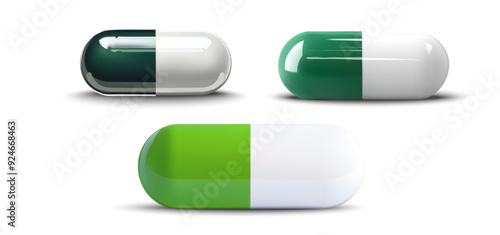 Collection of three green and white capsules, presented in a high-resolution 3D vector. Medical pills are isolated on a white background, ideal for pharmaceutical marketing, healthcare visuals.