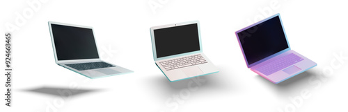 Three floating laptops in minimalist design, each featuring a different color scheme. Sleek and modern look makes it ideal for technology promotions, online services, or digital product presentations.