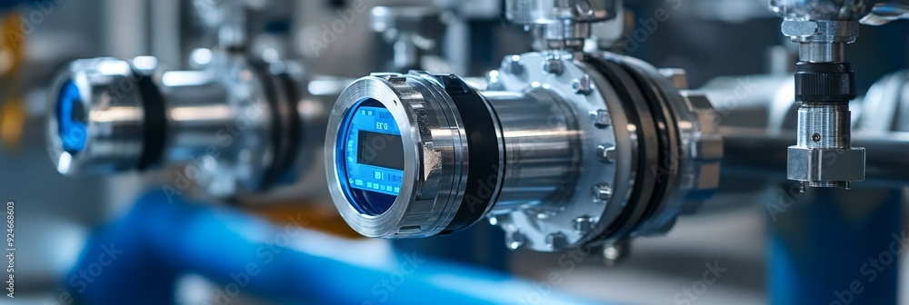 A close-up of an industrial flow meter gauge, showcasing precision measurement and automation in a modern factory setting. The gauge symbolizes technology, efficiency, and data monitoring. A close-up of an industrial flow meter gauge, showcasing precision measurement and automation in a modern factory setting. The gauge symbolizes technology, efficiency, and data monitoring.
