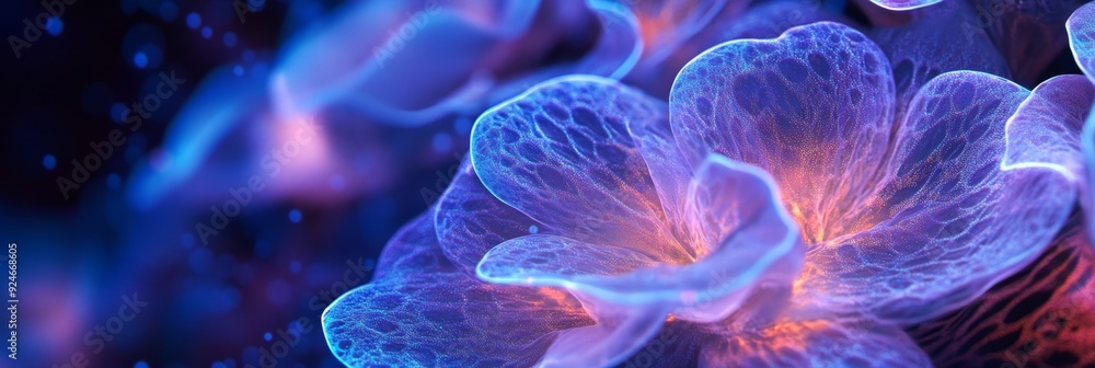 A close-up of an abstract flower with glowing petals in shades of blue and purple, symbolizing beauty, fragility, nature, digital art, and imagination. A close-up of an abstract flower with glowing petals in shades of blue and purple, symbolizing beauty, fragility, nature, digital art, and imagination.