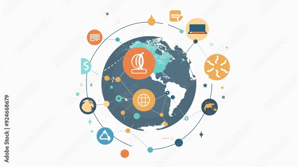 Fototapeta premium Global education network clipart, connecting continents, flat art, simple cartoon 2D emblem