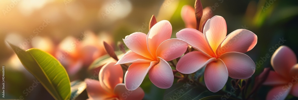 A close-up of delicate pink plumeria flowers bathed in soft, warm sunlight, symbolizing beauty, peace, tranquility, nature, and tropical paradise.