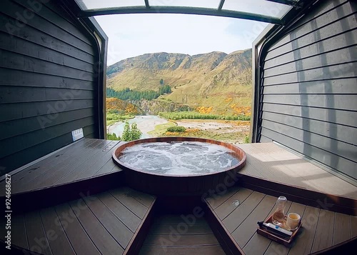 Onsen Hotpool with views across the Shotover Canyon, Queenstown New Zealand  photo