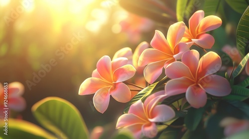 A close-up of delicate pink flowers blooming in the warm sunlight, symbolizing beauty, nature, tranquility, growth, and new beginnings.