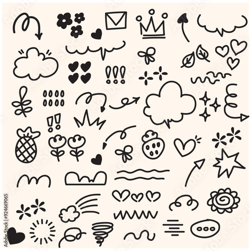 Set of cute pen line doodle element vector With illustration style doodle and line art