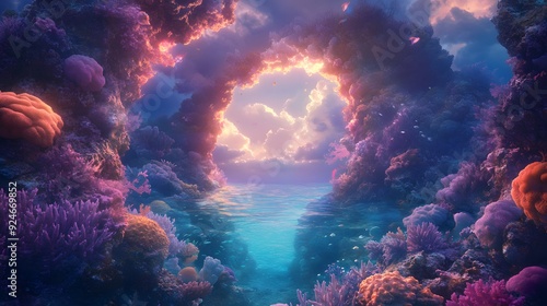 A magical underwater scene where a luminous portal is framed by vibrant coral reefs, unveiling a tranquil ocean and a sky filled with soft lavender clouds photo