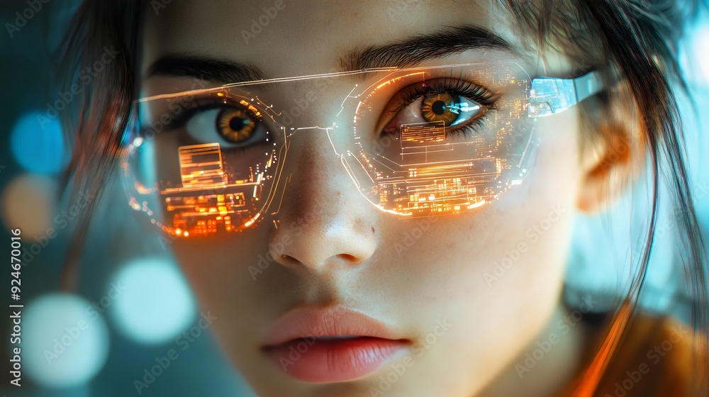 Futuristic AI cyber data overlay and technology innovation, reflection of data code on glasses of a woman. Generative AI Futuristic AI cyber data overlay and technology innovation, reflection of data code on glasses of a woman. Generative AI