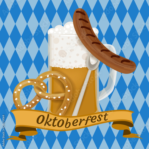 Oktoberfest background with bavarian beer. Mug of beer with foam and brown ribbon scroll. Grilled sausage on fork and pretzel with salt. Blue rhombus on blue background. Vector cartoon illustration.