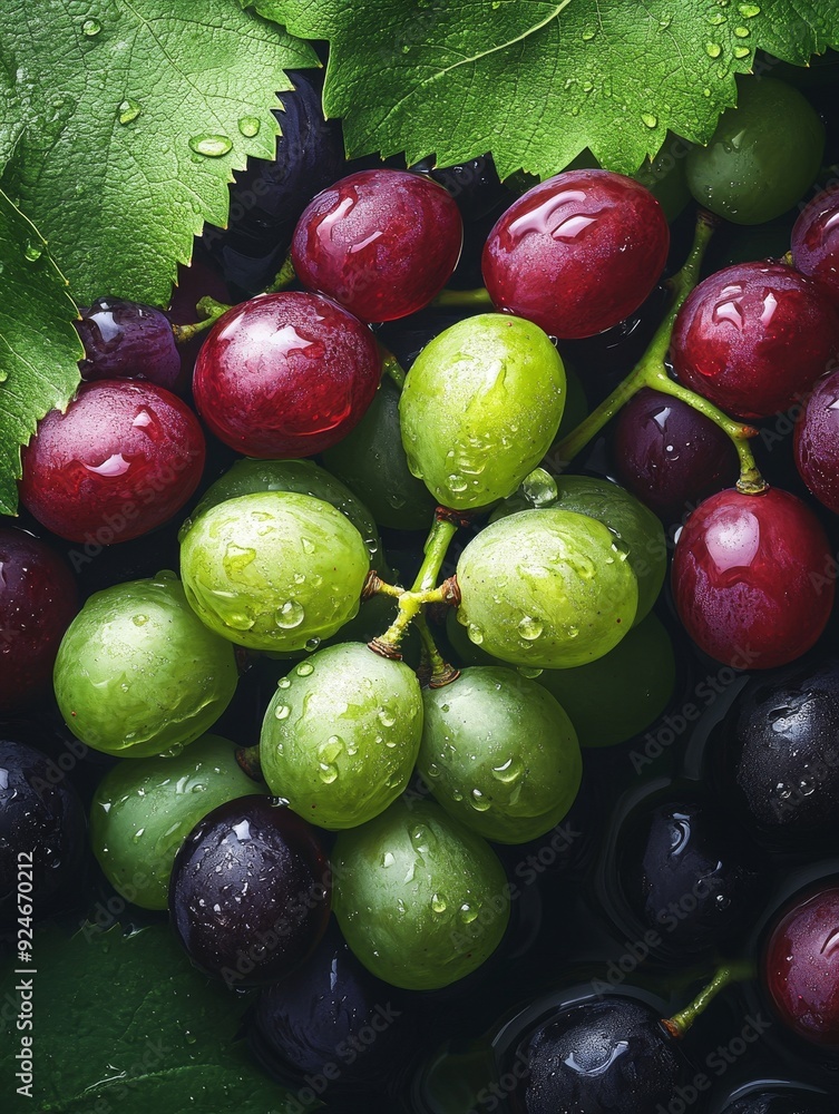 Obraz premium A cluster of green grapes and red grapes with water droplets on leaves, symbolizing freshness, vitality, nature, fruit, and harvest.