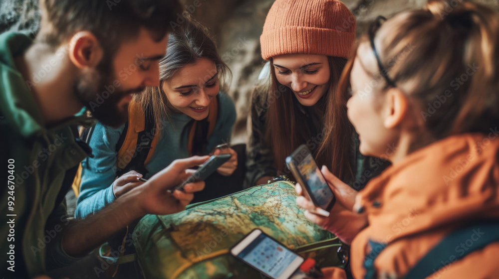 A group of friends coordinating their travel plans via a group messaging app, with location A group of friends coordinating their travel plans via a group messaging app, with location