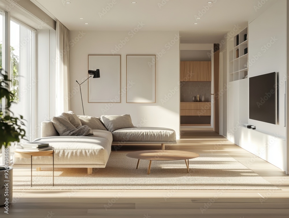 Fototapeta premium A living room with a couch, a coffee table, and a television