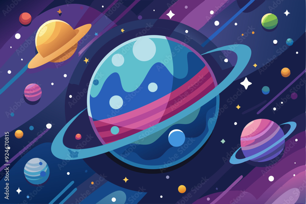 Naklejka premium Colorful Planets and Stars in a Dark Galaxy