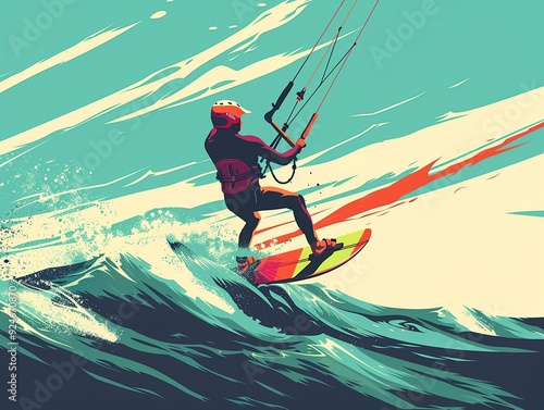 Kite surfer riding waves clipart, flat art, wind sport, simple cartoon 2D emblem