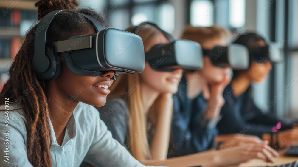 A group of students working on a collaborative project using virtual reality headsets in a digital A group of students working on a collaborative project using virtual reality headsets in a digital