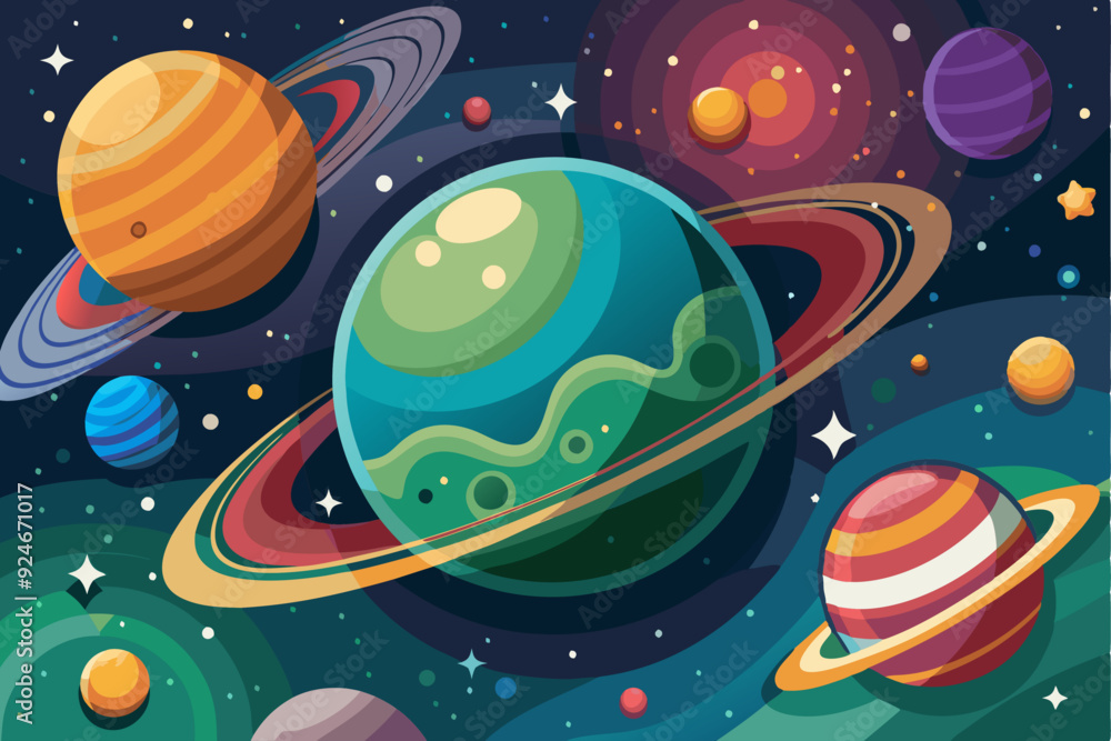 Colorful Planets and Stars in a Dark Blue Space Colorful Planets and Stars in a Dark Blue Space