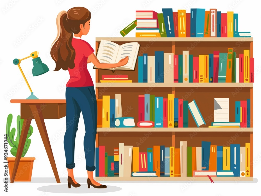 Librarian organizing books clipart, flat art, bookshelf order, simple cartoon 2D emblem Librarian organizing books clipart, flat art, bookshelf order, simple cartoon 2D emblem