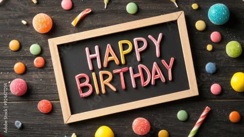 Colorful birthday celebration with joyful decorations, a vibrant cake, and sweet candies on a wooden table captured from a top-down view