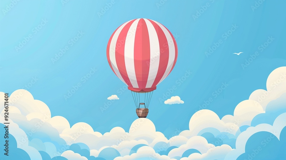 Fototapeta premium Majestic hot air balloon ride clipart, cloud skies, flat art, simple cartoon 2D