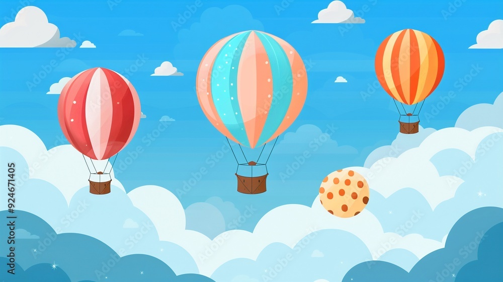 Obraz premium Majestic hot air balloon ride clipart, cloud skies, flat art, simple cartoon 2D