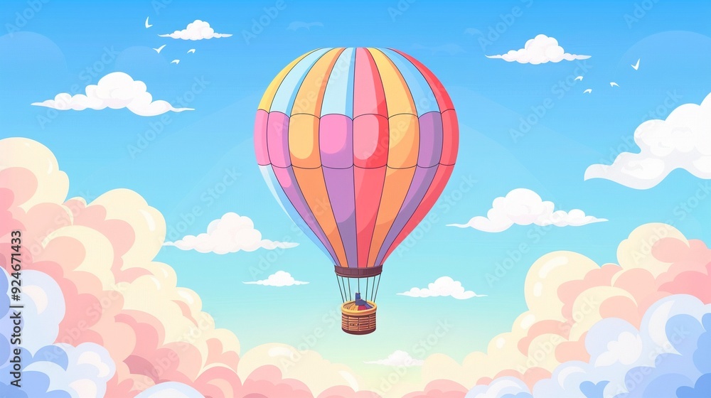 Naklejka premium Majestic hot air balloon ride clipart, cloud skies, flat art, simple cartoon 2D