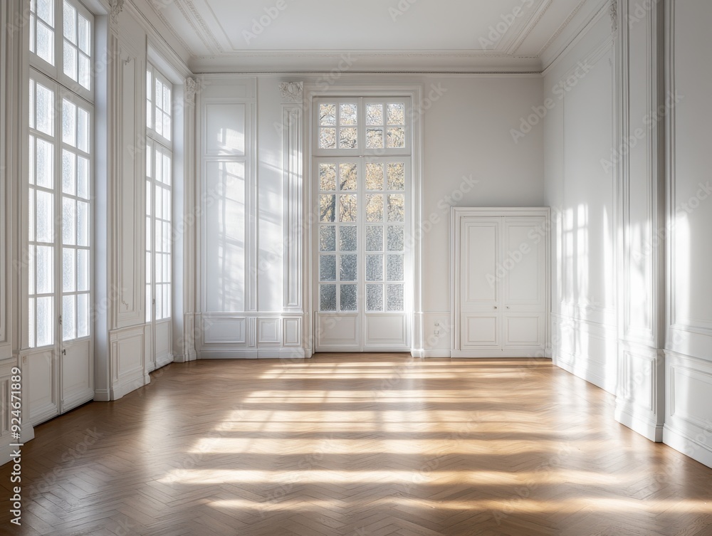 A large, empty room with white walls and wooden floors A large, empty room with white walls and wooden floors