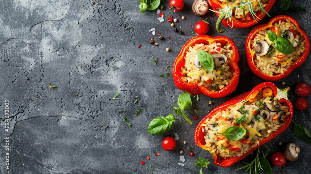Baked stuffed red peppers with rice mushrooms cheese and herbs Grey concrete backdrop with space for text Baked stuffed red peppers with rice mushrooms cheese and herbs Grey concrete backdrop with space for text