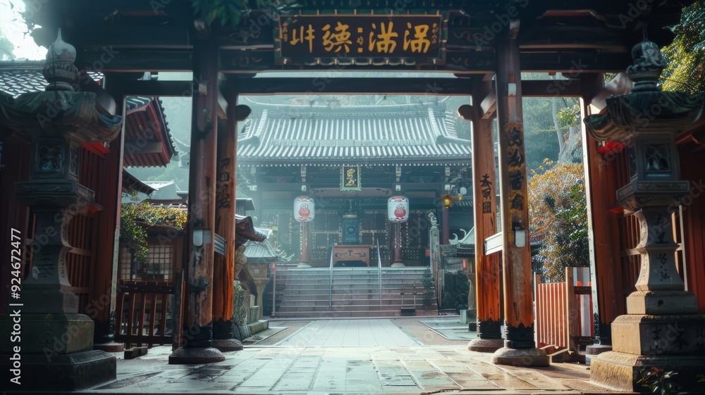 A serene temple entrance framed by beautiful foliage and soft morning light, inviting visitors to explore its spiritual ambiance A serene temple entrance framed by beautiful foliage and soft morning light, inviting visitors to explore its spiritual ambiance