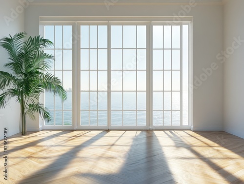 A large window with a view of the ocean and a potted palm tree in front of it