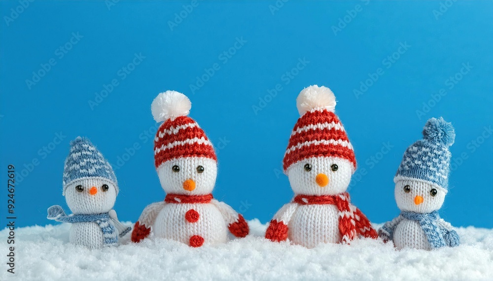little knitted snowmans on soft snow on blue background little knitted snowmans on soft snow on blue background