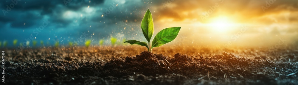 Obraz premium Young Green Plant Growing in Soil with Dramatic Sky and Sunlight Background, Symbolizing Growth and New Beginnings