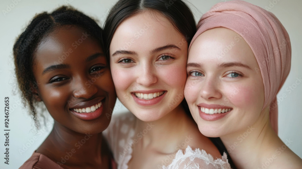 A happy moment shared by three women from different cultures, their smiles shining against A happy moment shared by three women from different cultures, their smiles shining against
