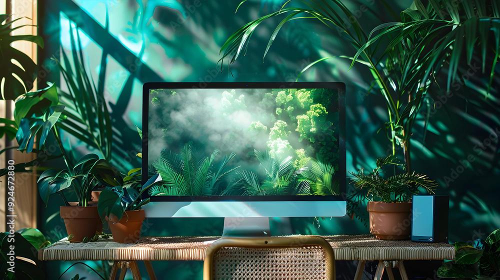 The Steamy Summer Breeze of Data. A computer monitor displaying a breezy, summery scene, casting a playful pattern on a wicker desk, surrounded by tropical plants The Steamy Summer Breeze of Data. A computer monitor displaying a breezy, summery scene, casting a playful pattern on a wicker desk, surrounded by tropical plants
