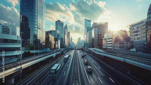 Vehicles travel along a bustling highway as the sun sets behind tall buildings in an urban skyline