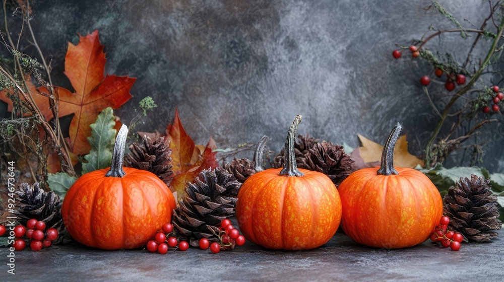 Thanksgiving background with pumpkins, pine cones, autumn leaves and berries, blank space. The generation of AI Thanksgiving background with pumpkins, pine cones, autumn leaves and berries, blank space. The generation of AI