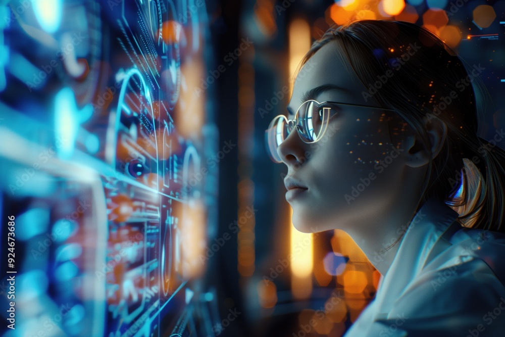 Focused woman in glasses analyzing digital data on holographic screen in dimly lit room. Concepts of technology, data analysis, and futuristic innovation. Focused woman in glasses analyzing digital data on holographic screen in dimly lit room. Concepts of technology, data analysis, and futuristic innovation.