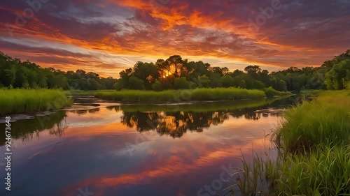 River sunrise animation. Sky in warm hues reflecting on calm water with breathtaking scenery. Serene design. photo