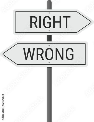 Crossroad sign representing the right and wrong choices. Metaphor for making correct or incorrect decisions. Vector illustration on transparent background
