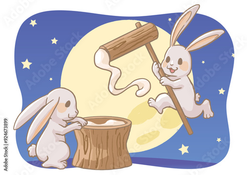 Illustration of a rabbit making mochi under the full moon