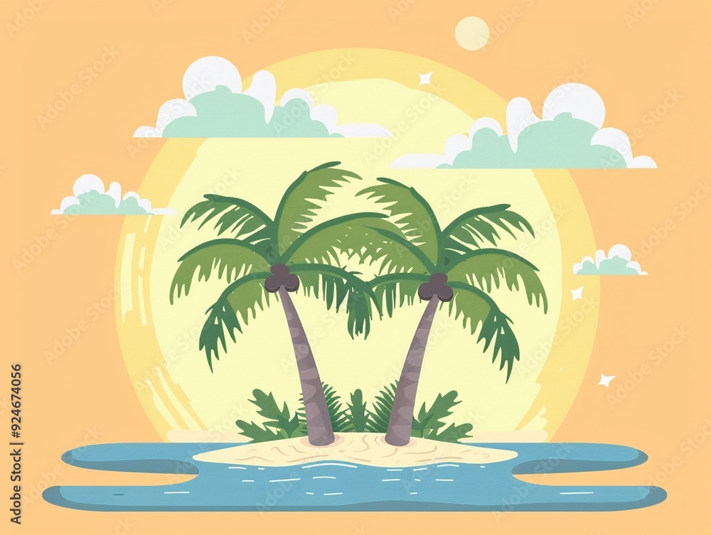 Fototapeta premium Tropical island paradise clipart, palm trees, flat art, vacation mood, simple cartoon 2D