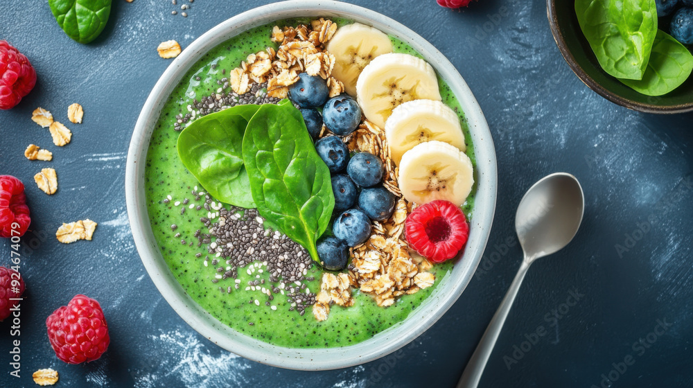 A healthy breakfast spread featuring a smoothie bowl with spinach, banana, and berries, A healthy breakfast spread featuring a smoothie bowl with spinach, banana, and berries,