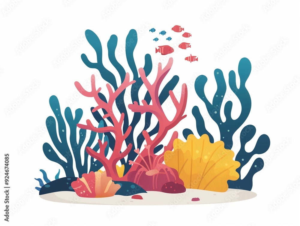 Obraz premium Underwater coral reef exploration clipart, marine life, flat art, simple cartoon 2D emblem