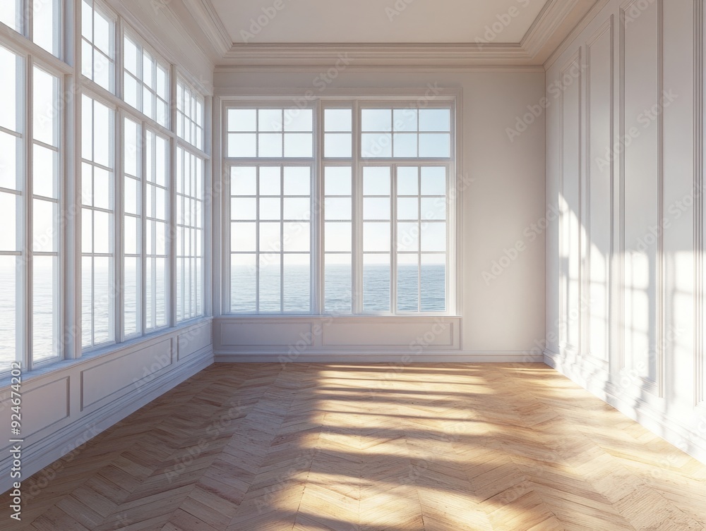 A large, empty room with a view of the ocean A large, empty room with a view of the ocean