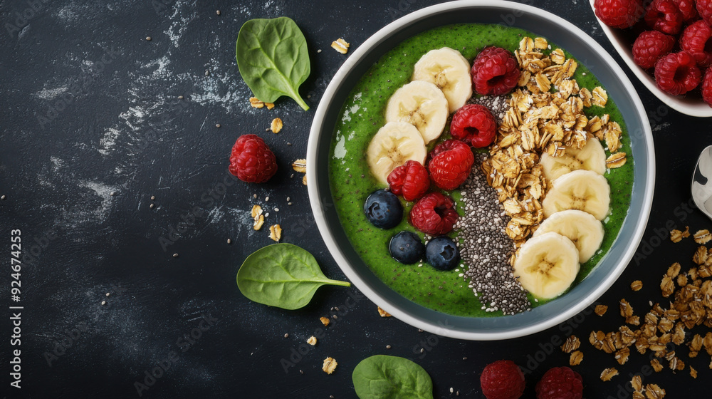 A healthy breakfast spread featuring a smoothie bowl with spinach, banana, and berries, A healthy breakfast spread featuring a smoothie bowl with spinach, banana, and berries,