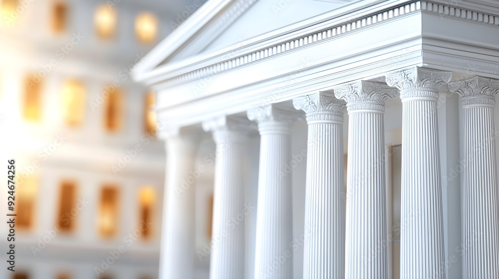 Obraz premium Close-up view of a classic white building with columns, representing architecture and historical significance under soft lighting.