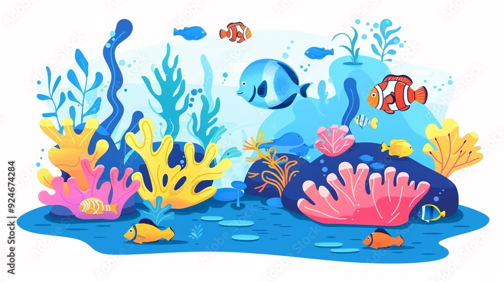 Vibrant coral reef snorkeling clipart, tropical fish, flat art, simple cartoon 2D emblem Vibrant coral reef snorkeling clipart, tropical fish, flat art, simple cartoon 2D emblem