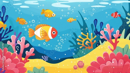 Wallpaper Mural Vibrant coral reef snorkeling clipart, tropical fish, flat art, simple cartoon 2D emblem Torontodigital.ca