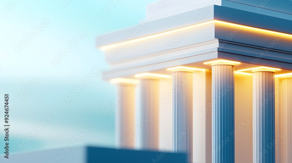 Obraz premium Elegant architectural detail with illuminated columns under a soft blue sky, creating a serene and modern atmosphere.