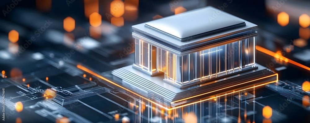 Futuristic digital cityscape featuring a 3D model of a building on a circuit board, illustrating technology and innovation. Futuristic digital cityscape featuring a 3D model of a building on a circuit board, illustrating technology and innovation.
