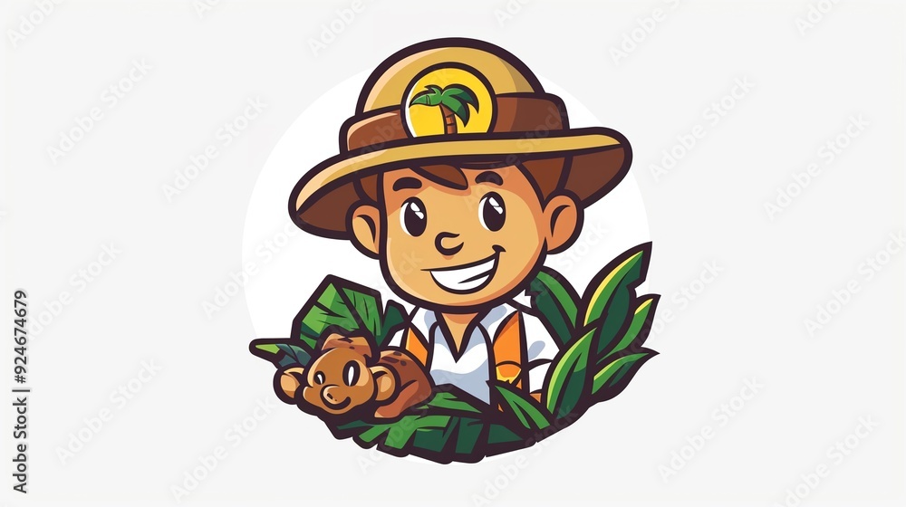 Young explorer with a jungle hat, wild animals around, adventure, logo, art, emblem, simple cartoon 2D Young explorer with a jungle hat, wild animals around, adventure, logo, art, emblem, simple cartoon 2D
