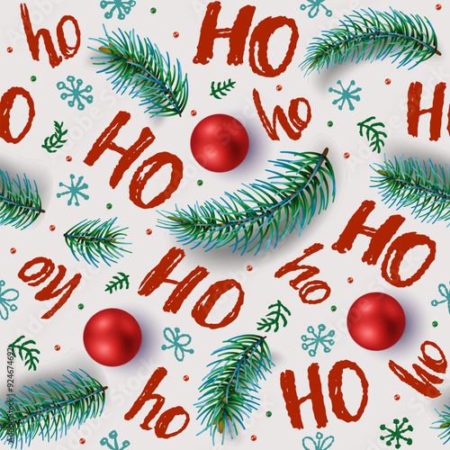 Hohoho pattern, laughing Santa Claus. Textures for Christmas design. Vector light background with words ho, laid out with beads and red Christmas balls.